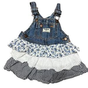 OshKosh B’gosh Baby Denim Overall Ruffle Dress Floral and Gingham 18M